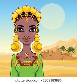 Animation portrait of a young African woman in a   ethnic jewelry. Background - landscape desert, ancient house, palm trees.  Vector illustration.