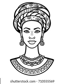 Animation portrait of the young African woman in a turban. Monochrome linear drawing. Vector illustration isolated on a white background. Print, poster, t-shirt, card. 