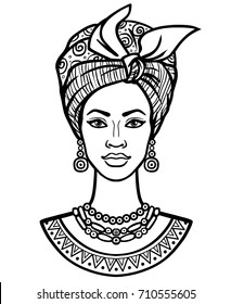 Animation portrait of the young African woman in a turban. Monochrome linear drawing. Vector illustration isolated on a white background. Print, poster, t-shirt, card. 