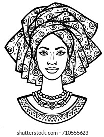 Animation portrait of the young African woman in a turban. Monochrome linear drawing. Vector illustration isolated on a white background. Print, poster, t-shirt, card. 