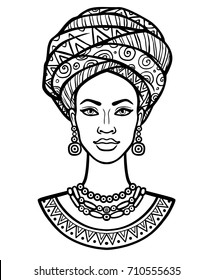 Animation portrait of the young African woman in a turban. Monochrome linear drawing. Vector illustration isolated on a white background. Print, poster, t-shirt, card. 