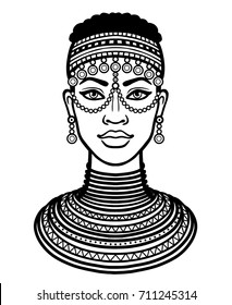 Animation portrait of the young African woman. Monochrome linear drawing. Vector illustration isolated on a white background. Print, poster, t-shirt, card. 