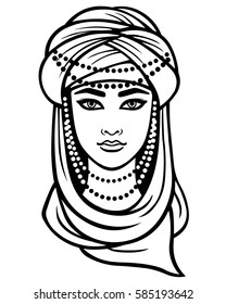 Animation portrait of the young Arab girl in a turban. Linear monochrome drawing isolated on a white background. Vector illustration.