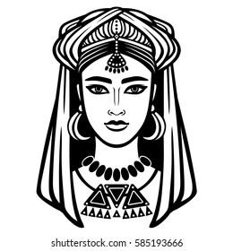Animation portrait of the young Arab girl in a turban. Linear monochrome drawing isolated on a white background. Vector illustration.