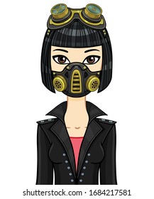 Animation portrait of a young Asian woman In protective leather mask and steampunk glasses. Template for use. Vector illustration isolated on white background.