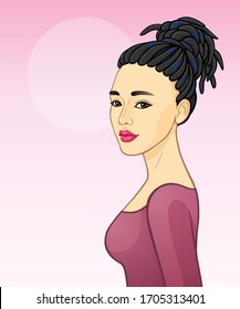 Animation portrait of a young Asian woman with dreadlocks. Template for use. Vector illustration isolated on a pink background.
