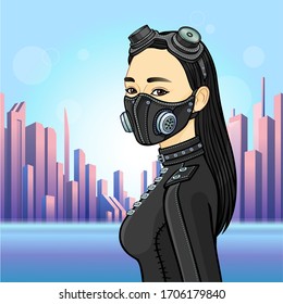 Animation portrait of a young Asian woman In protective leather mask and steampunk glasses. Background -  modern city. Vector illustration.