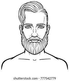Animation portrait of the young attractive bearded man with a stylish hairstyle. Linear drawing.Vector illustration isolated on a white background.