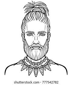 Animation portrait of the young attractive bearded man with a stylish hairstyle. Linear drawing.Vector illustration isolated on a white background.