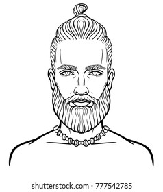 Animation portrait of the young attractive bearded man with a stylish hairstyle. Linear drawing. Vector illustration isolated on a white background.