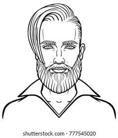 Animation portrait of the young attractive bearded man with a stylish hairstyle. Linear drawing. Vector illustration isolated on a white background.