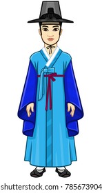 Animation portrait of the young attractive Korean boy in  ancient suit. Full growth. Vector illustration isolated on a white background.