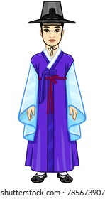 Animation portrait of the young attractive Korean boy in  ancient suit. Full growth. Vector illustration isolated on a white background.