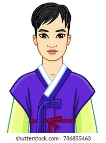 Animation portrait of the young attractive Korean boy in ancient suit. Vector illustration isolated on a white background.