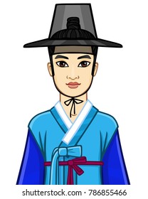 Animation portrait of the young attractive Korean boy in ancient suit. Vector illustration isolated on a white background.