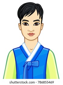 Animation portrait of the young attractive Korean boy in ancient suit. Vector illustration isolated on a white background.