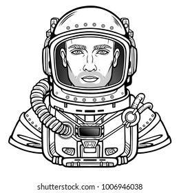 Animationsporträt des jungen attraktiven Mannes des Astronauten in einem Raumanzug. Vektorgrafik einzeln auf weißem Hintergrund.  Zum Färben von Schuhen verwenden. Print, Poster, T-Shirt, Karte.