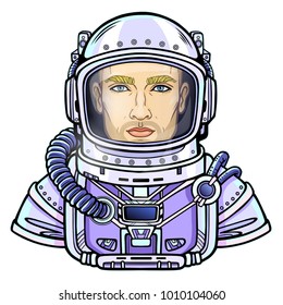 Animation portrait of the young attractive man  astronaut in a space suit. Vector illustration isolated on a white background. Print, poster, t-shirt, card.