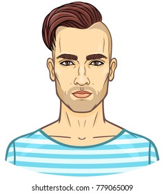 Animation portrait of the young attractive man with a stylish hairstyle. The vector illustration isolated on a white background. Print, poster, t-shirt, card.