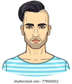 Animation portrait of the young attractive man with a stylish hairstyle. The vector illustration isolated on a white background. Print, poster, t-shirt, card.