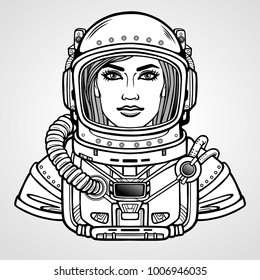 Animation portrait of the young attractive woman of the astronaut in a space suit. Vector illustration isolated on a grey background.  Be use for coloring booke. Print, poster, t-shirt, card.