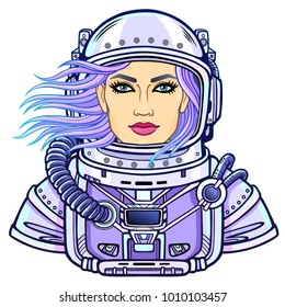 Animation portrait of the young attractive woman astronaut in a open space suit. Vector  illustration isolated on a white background.  Print, poster, t-shirt, card.