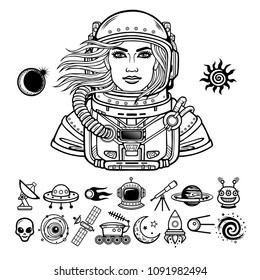 Animation portrait of the young attractive woman astronaut in a Open space suit. Set of icons. Vector illustration isolated on a white background. Monochrome drawing. Print, poster, t-shirt, card.