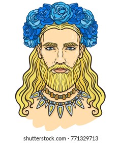 Animation portrait of the young bearded man with long hair in a wreath of roses. Vector illustration isolated on a white background. Print, poster, t-shirt, card.