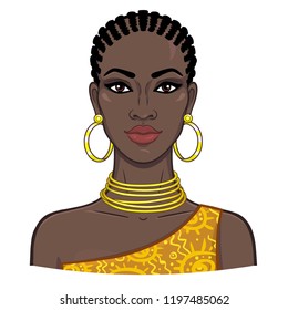 Animation portrait of the young beautiful African woman. Color drawing. Vector illustration isolated on a white background. Print, poster, t-shirt, card.