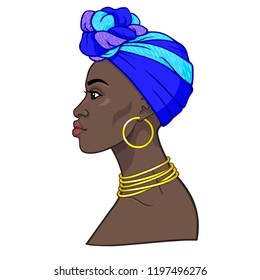 Animation portrait of the young beautiful African woman in a turban. Profile view. Color drawing. Vector illustration isolated on a white background. Print, poster, t-shirt, card.