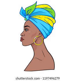 Animation portrait of the young beautiful African woman in a turban. Profile view. Color drawing. Vector illustration isolated on a white background. Print, poster, t-shirt, card.