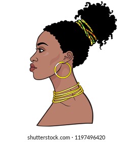 Animation portrait of the young beautiful African woman. Profile view.  Color drawing. Vector illustration isolated on a white background. Print, poster, t-shirt, card.
