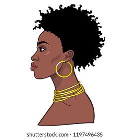 Animation portrait of the young beautiful African woman. Profile view.  Color drawing. Vector illustration isolated on a white background. Print, poster, t-shirt, card.