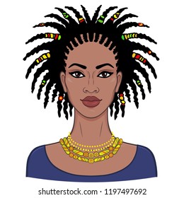 Animation portrait of the young beautiful African woman. Color drawing. Vector illustration isolated on a white background. Print, poster, t-shirt, card.