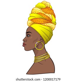 Animation portrait of the young beautiful African woman in a turban. Profile view. Color drawing. Vector illustration isolated on a white background. Print, poster, t-shirt, card.