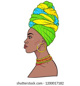 Animation portrait of the young beautiful African woman in a turban. Profile view. Color drawing. Vector illustration isolated on a white background. Print, poster, t-shirt, card.