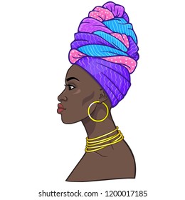 Animation portrait of the young beautiful African woman in a turban. Profile view. Color drawing. Vector illustration isolated on a white background. Print, poster, t-shirt, card.