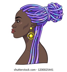 Animation portrait of the young beautiful African woman  in a dreadlocks. Profile view. Color drawing. Vector illustration isolated on a white background. Print, poster, t-shirt, card.