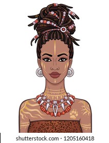 Animation portrait of the young beautiful African woman  in a dreadlocks. Color drawing. Vector illustration isolated on a white background. Print, poster, t-shirt, card.
