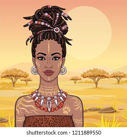 Animation portrait of the young beautiful African woman  in a dreadlocks. Savanna princess, Amazon, hunter. Background - a landscape the desert. The place for the text. Vector illustration.