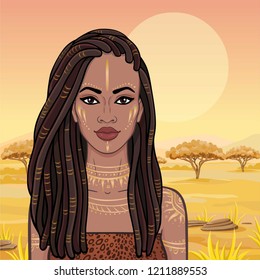 Animation portrait of the young beautiful African woman  in a dreadlocks. Savanna princess, Amazon, hunter. Background - a landscape the desert. The place for the text. Vector illustration.