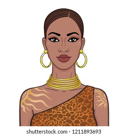 Animation portrait of the young beautiful African woman. Color drawing. Vector illustration isolated on a white background. Print, poster, t-shirt, card.