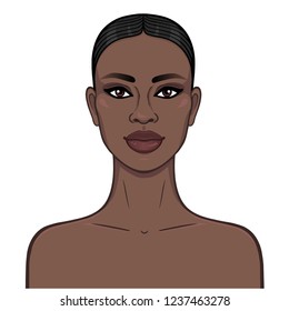 Animation portrait of the young beautiful African girl. Color drawing. Template for use. Vector illustration isolated on a white background.