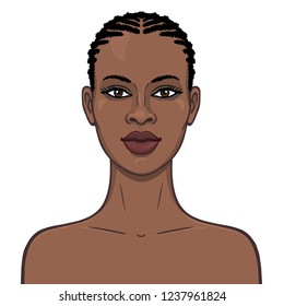 Animation portrait of the young beautiful African girl. Color drawing. Template for use. Vector illustration isolated on a white background.