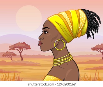 Animation portrait of the young beautiful African woman in ancient clothes and jewelry. Profile view. Color drawing.  Background - a landscape the savanna. Vector illustration. 