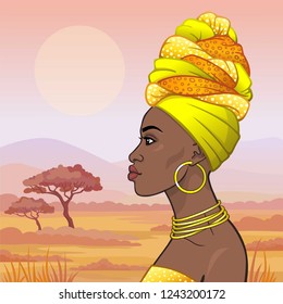 Animation portrait of the young beautiful African woman in ancient clothes and jewelry. Profile view. Color drawing.  Background - a landscape the savanna. Vector illustration. 