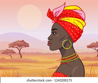 Animation portrait of the young beautiful African woman in ancient clothes and jewelry. Profile view. Color drawing.  Background - a landscape the savanna. Vector illustration. 