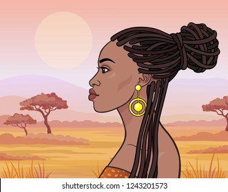 Animation portrait of the young beautiful African woman in ancient clothes and jewelry. Profile view. Color drawing.  Background - a landscape the savanna. Vector illustration. 