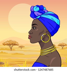 Animation portrait of the young beautiful African woman in ancient clothes and jewelry. Profile view. Color drawing.  Background - a landscape the savanna. Vector illustration. 