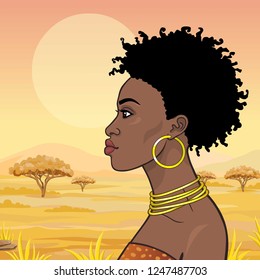 Animation portrait of the young beautiful African woman in ancient clothes and jewelry. Profile view. Color drawing.  Background - a landscape the savanna. Vector illustration. 